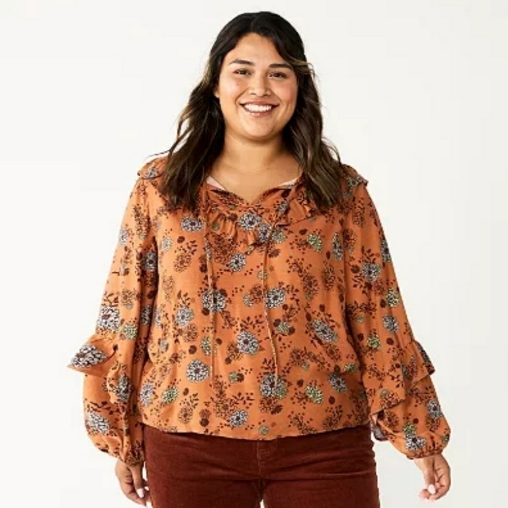 NWT Sonoma Floral Print Ruffle Peasant Blouse Size 0X green/blue - Picture 12 of 12